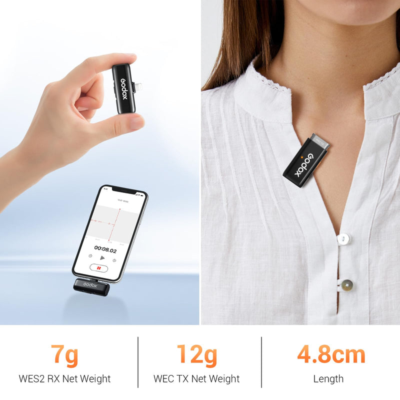 GODOX WES1 Kit1 Wireless Microphone for iPhone iPad, 2.4GHz Wireless MFi Certified Lavalier Mic, Plug and Play, Noise Cancelling,656ft, 7g Lightweight for Vlogs/Interviews/Live(1TX + 1RX(Lightning))