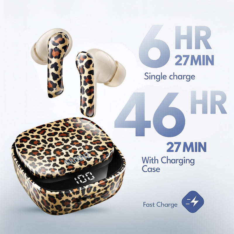 Groovz Plus True Wireless Earbuds with Wireless Charging Case - Designed in the USA - IPX4 Water Resistant Bluetooth Earbuds Compatible with Apple & Android - 46Hr Battery - Dual Microphone - Leopard