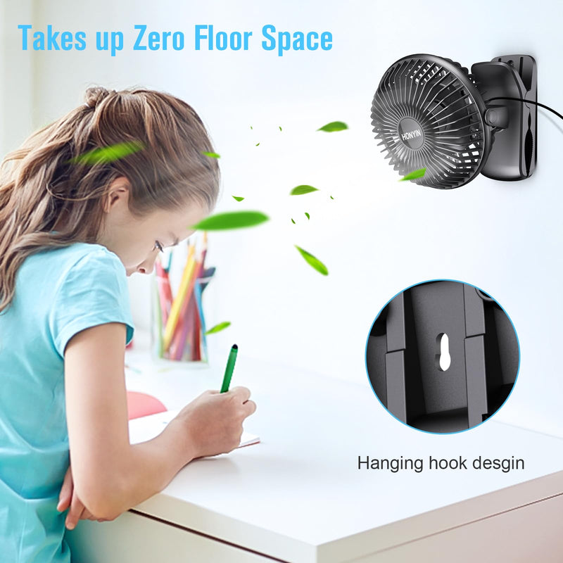 [AUSTRALIA] - HONYIN 720° Rotation Small Desk & Clip on Fan with Sturdy Clamp, 3 Speeds, Quiet Little Personal Cooling Fan by USB Plug In, for Bedroom Office Desktop Treadmill Black 