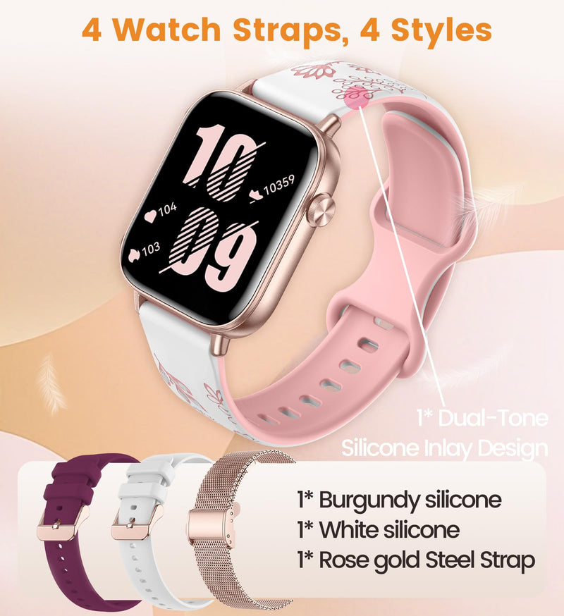 Smart Watch for Women (Answer/Make Calls),1.83" Touch Screen Fitness Tracker with 4 Bands, Heart Rate/Sleep/Step Tracking, 100+ Sports Modes Smartwatches for Android iOS (Rose Gold) ROSE