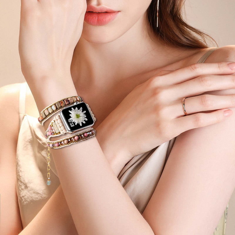 Handmade Boho Watch Band Compatible with Apple Watch 49MM 45MM 44MM 42MM 41MM 40MM 38MM Beaded Wrap Bracelet for iWatch Ultra, Series SE/9/8/7/6/5/4/3/2/1, Fancy Strap for Women (5.5"-6.3")-41/40/38MM/(42MM-Series 10) Jasper
