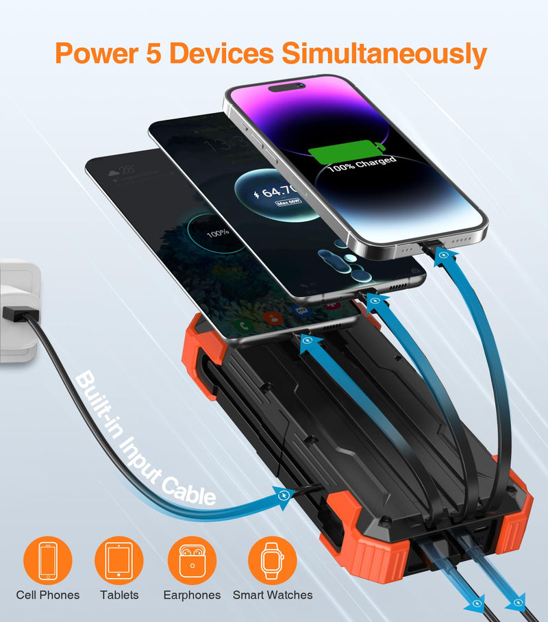 GOODaaa Power Bank Portable Charger 42800mAh Built in 4 Cables and Thermometer 15W Fast Charging Power Bank Five Outputs Three Inputs Solar Charger Power Bank, SOS/Strobe/Strong Flashlights, Carabiner Orange