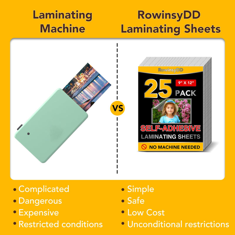 25 Pack Self Adhesive Laminating Sheets, 9 X 12 Inch, Clear Sticker Laminate Sheets Waterproof for Documents, Photos, No Machine Needed Heatless Durable 9*12 in 25P