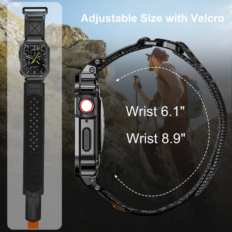 SUPLINK Stainless Steel Case&Nylon Band Compatible with Apple Watch Band 38mm 40mm 41mm 42mm 44mm 45mm 46mm 49mm,Rugged Metal Cover Adjustable Strap for iWatch Series 10 9 8 7 6 5 4 3 2 1 SE Ultra Men Black Large-42/44mm(series SE/6/5/4/3/2/1)
