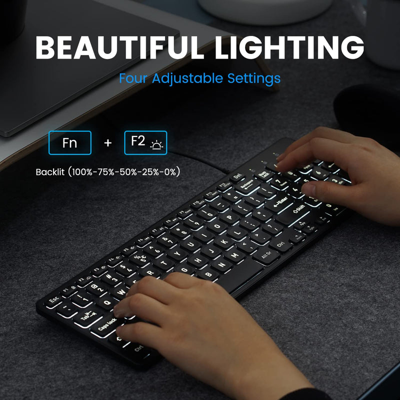 Perixx PERIBOARD-333B Wired Backlit USB Keyboard- X Type Scissor Keys - Compact 14.25x4.57 Inches - Big Print Letters - White Backlit - US English,11618