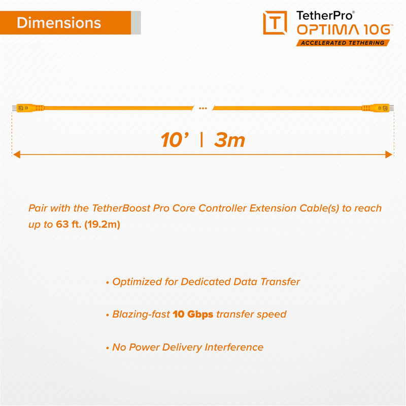 Tether Tools TetherPro Optima 10G USB-C Exclusive Data Transfer Cable | Straight to Straight Cable | TetherBoost Signal Technology | Immediate Camera Recognition | 10Gbps Fast Data Transfer 10' (3m)