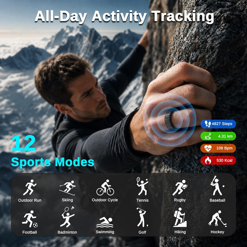 Smart Ring for Men & Women, Fitness and Health Tracker Ring(Black 11) | Heart Rate Monitor, SpO2, Sleep Tracking & Step Counter, IP68 Waterproof, No Subscription Fee, iOS & Android Compatible Black
