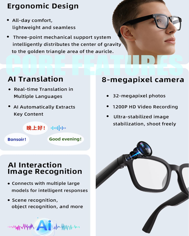 AI Smart Glasses with Camera and Realtime Translation (Black +Clear lens) | with HD Camera for Video Photo, Bluetooth and Wifi Transfer, with Microphone for Talk, Light Weight Black +Clear lens