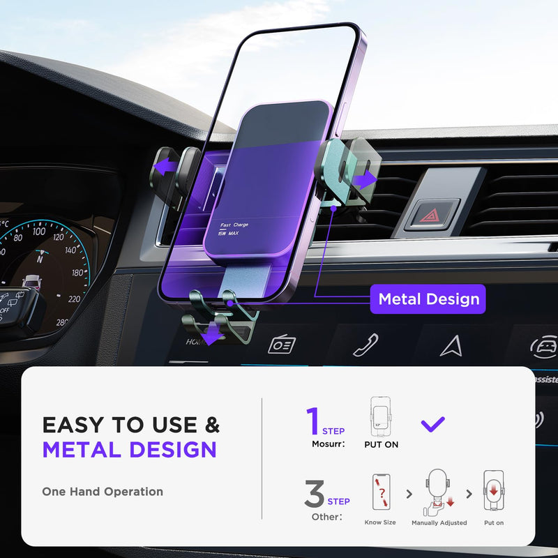 Wireless Car Charger,【7 Colored LED Backlit】 15W Auto Clamping Phone Mount Holder fit for iPhone 15 14 13 12 Mini Pro Max 11 XR XS X, Samsung Galaxy S23 Ultra S22 S21+ S10+ Note 20, etc - Green