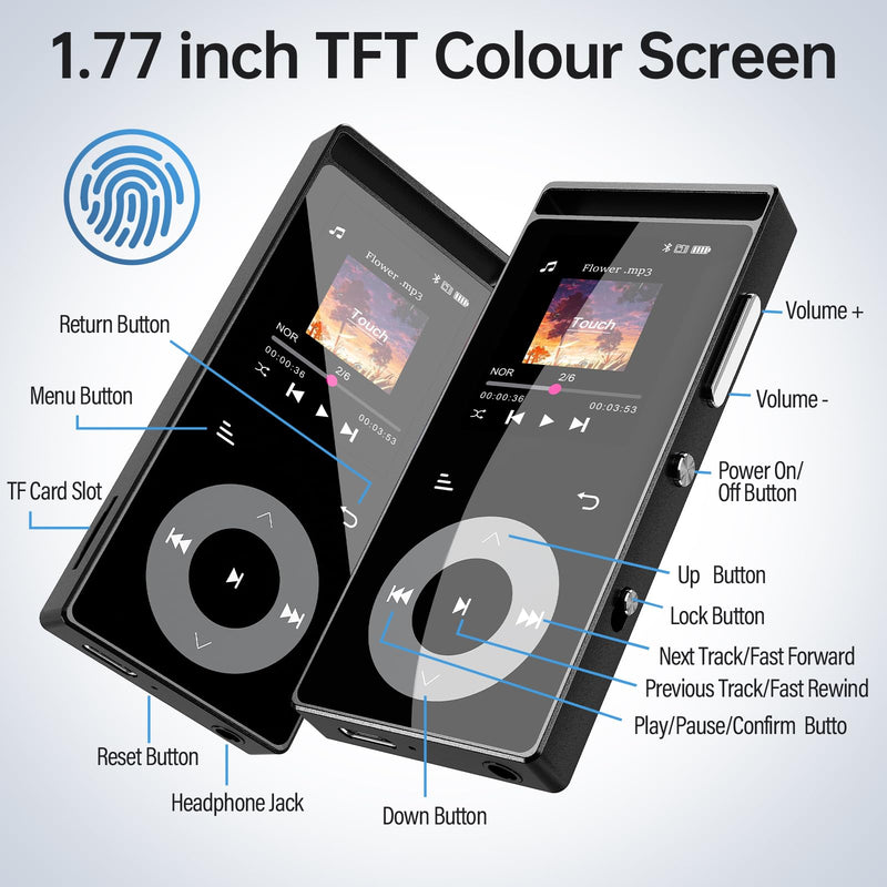 [AUSTRALIA] - 90G MP3 Player with Bluetooth 5.3, MP3 Players Build-in Touch Buttons, E-Book, Color Screen, HiFi Sound Portable Music Player for Kids,Supports up to 128GB, Earphones Included (Black) Black 