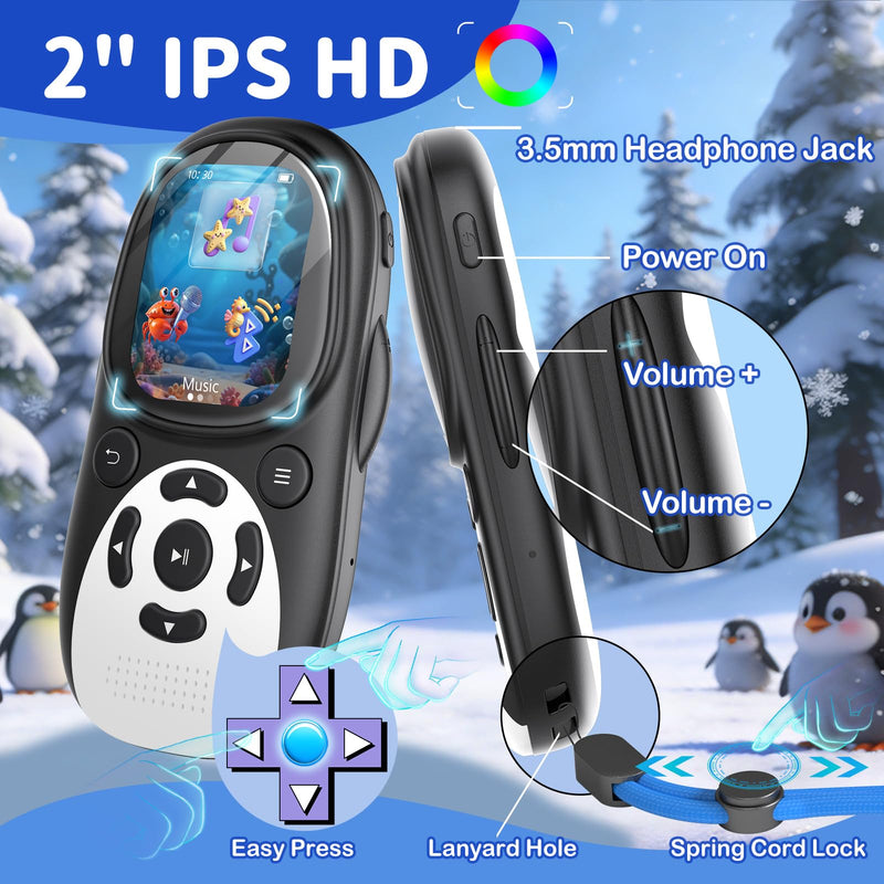 64GB Cute Penguin MP3 Player with Bluetooth 5.3 & Speaker, Portable Music Player for Kids, 2" Screen, 65-Hour Battery Life, FM Radio, Voice Recorder, Volume Limit, Supports 128GB microSD Card