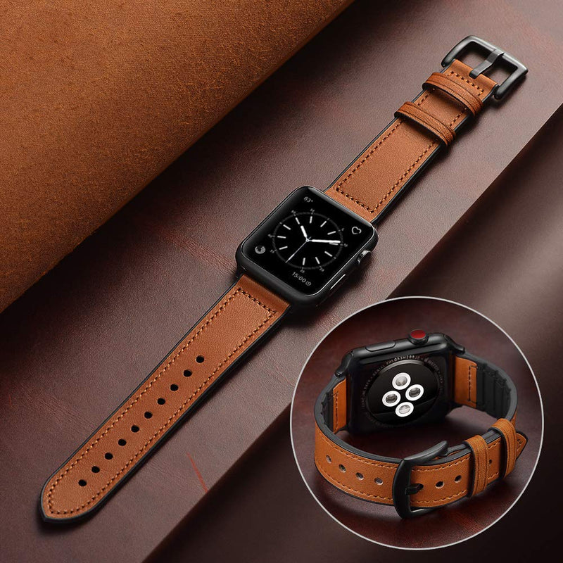 OUHENG Compatible with Apple Watch Band Sweatproof Genuine Leather and Rubber Hybrid Band 41mm 40mm 38mm Brown & Light Brown