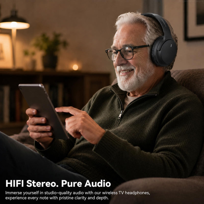 Wireless Headphones for TV Watching, TV Headphones Wireless for Seniors with Versatile Transmitter Charging Dock, Instant Audio Sync, 60-Hour Playtime, Perfect for Parents & Seniors, Black