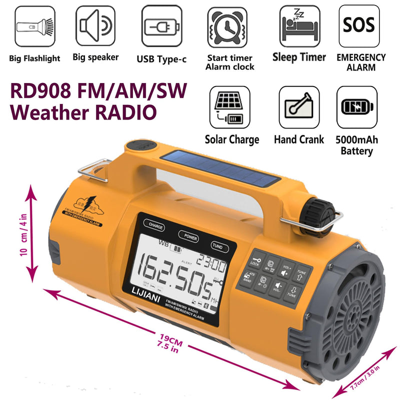 Emergency FM/AM/SW Weather Radio, Big Flashlight/Speaker,Type-C,Sleep Timer Alarm Clock, Solar Hand Crank Charge, 5000mAh Replaceable Battery,Cell Phone Charger Hurricane Survival kit yellow