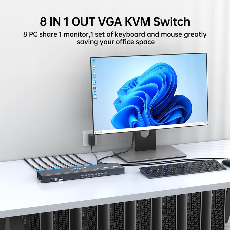 MT-VIKI KVM Switch 8 Port, 8X1 Rackmount KVM Switch VGA, Included 8 2-in-1 KVM Cables & Wire-Desktop Selector & Power Adapter, Fit 1U 19'' Rack 8 port KVM VGA