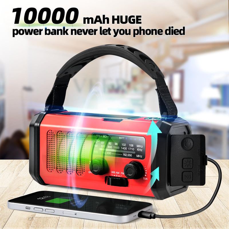 Emergency Weather Radio, 10000mAh /37000mWh Crank Radio, Portable NOAA/AM/FM Weather Radio, Reading Light, Solar Radio, SOS Emergency Flashlight, Multiple Power Sources,for Hurricanes and Emergencies Red