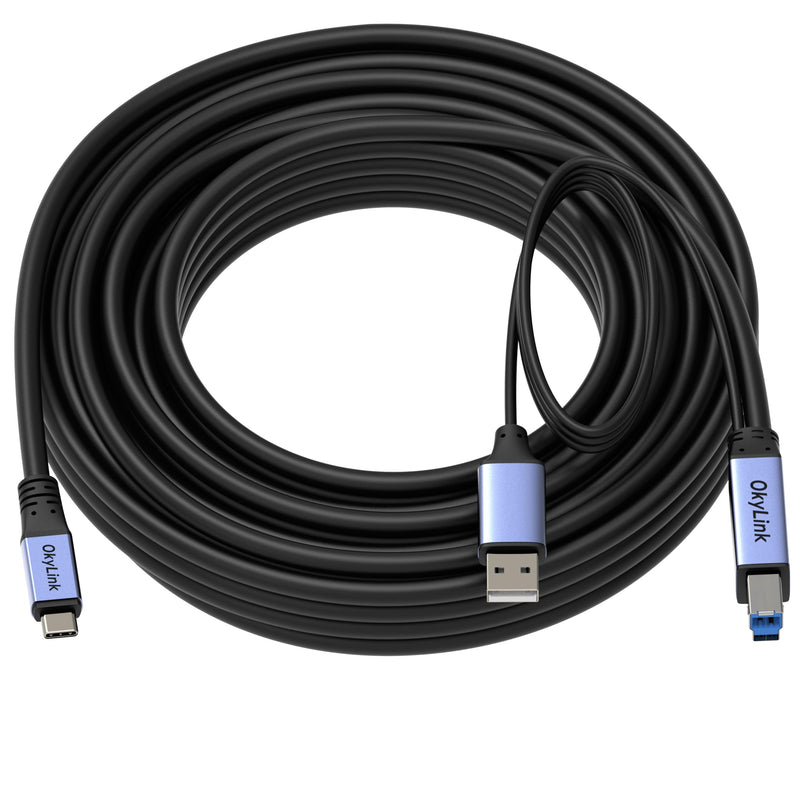 OkyLink Active USB 3.0 USB-C to USB-B Cable, Male-to-Male 5Gbps 32ft | 10M, USB 3.2 Gen1, flame-retardant, for KVM, MIDI keyboard, printer, scanner, camera, hard drive enclosure USB3.0(5Gbps) 32ft (10m)