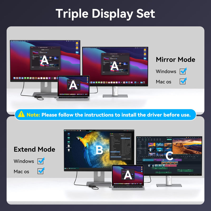 HDMI Splitter Extended Display for Dual Monitor USB A & C to 2 hdmi Adapter 1 in 2 Out for Laptop Mac Triple Set Support MST & SST Modes; 4K@30Hz Out 1, 1080p Out 2 Void Black USB TO 2 HDMI