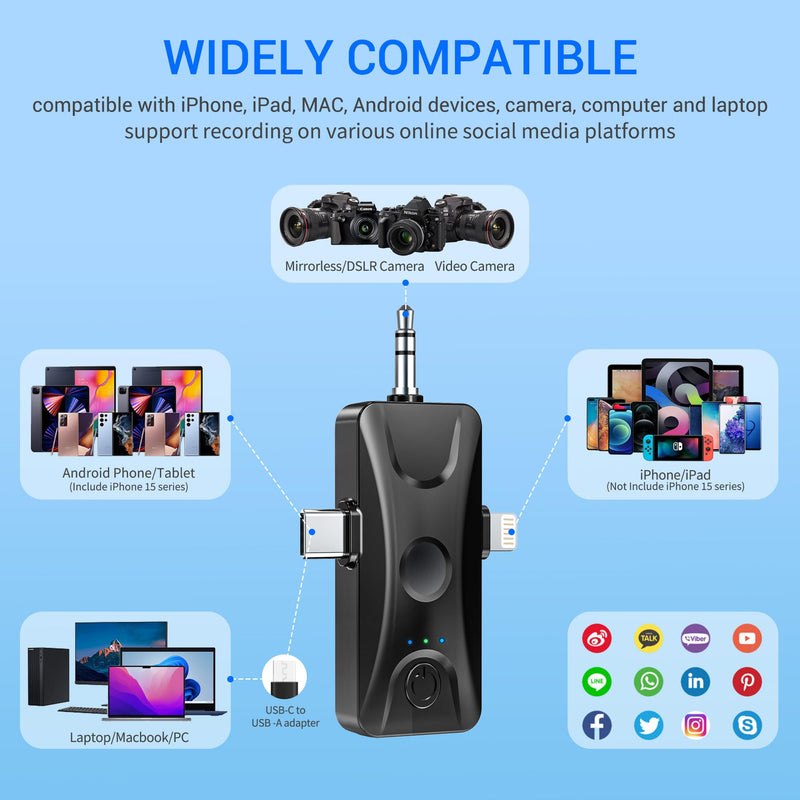 Wireless Lavalier Microphone for iPhone Android: Mini Lapel Mic with Intelligent Noise Cancelling, 48kHz/16bit, 100ft Range, for Camera, PC, Laptop, Video Recording, Streaming, Interview, Vlogs