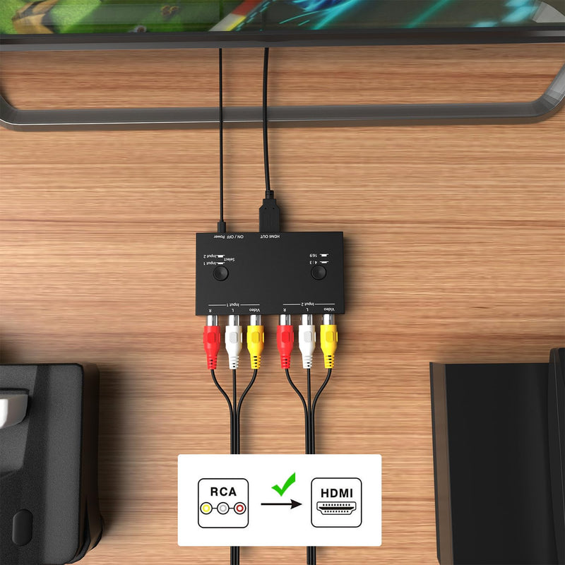 [AUSTRALIA] - Dingsun 2 Port AV to HDMI Converter, RCA to HDMI Adapter Support 16:9/4:3 Compatible with WII, N64, PS2, VHS, VCR DVD Players etc 2Port RCA to HDMI Converter 