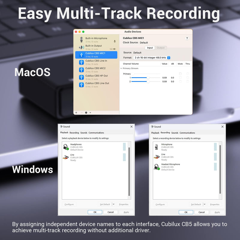 Cubilux CB5 USB Audio Interface for Recording, Streaming, Podcasting, USB to 3.5mm Sound Card with Stereo Microphone Input, Line-In, Line-Out & Headphone Jack for Monitors, Support Windows & Mac OS