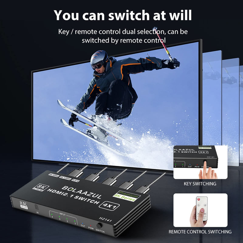 [AUSTRALIA] - BolAAzuL 8K HDMI 2.1 Switch 120Hz 4K 4 in 1 Out, 8K@60Hz HDMI 2.1 Splitter Switcher Selector Box 4-Port with Remote 4K 120Hz 2K 144Hz, HDMI 4x1 HDR, 48Gbps, CEC, Dolby Vision, for Xbox Series X PS5 