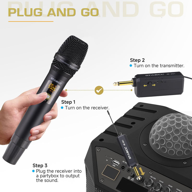 Portable Wireless Microphone for Karaoke Singing, UHF Metal Handheld Dynamic Mic with Rechargeable Receiver, Karaoke Microphone Wireless for Speaker, Singing, Dj, 200ft Range of Cordless Mic System channel 1
