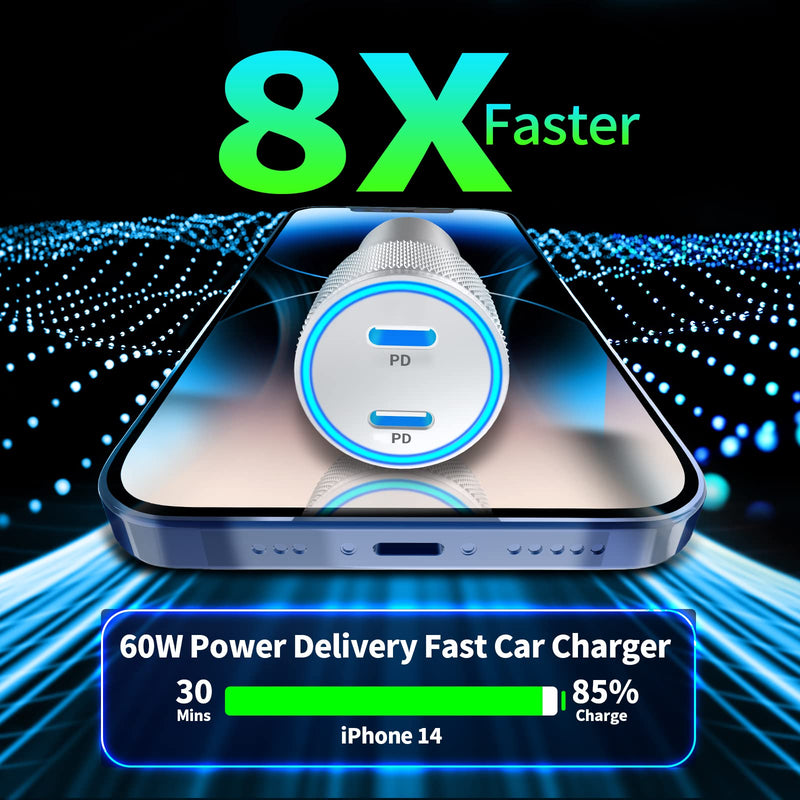 【MFi Certified】iPhone Fast Car Charger, Linocell 60W Dual PD USB-C Car Charger Fast Charging Cigarette Lighter+2Pack Type-C to Lightning Cable for iPhone 14 13 12 11 Pro XS Max Mini XR X iPad AirPods Titanium Silver