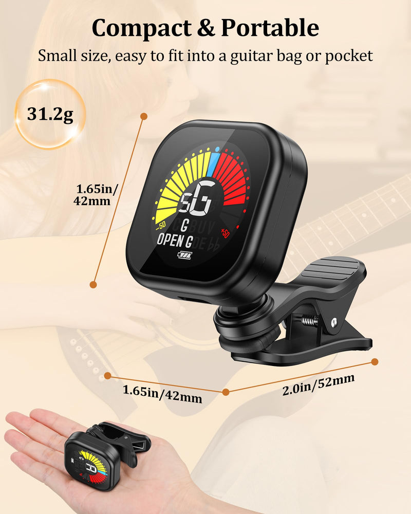 [AUSTRALIA] - New Bee Guitar Tuner Clip-On Rechargeable with Color Screen 360° Rotatable Acoustic Chromatic Open Tuning for Guitar, Bass, Ukulele, Violin, Cello(Black, 1 Pack) Black 