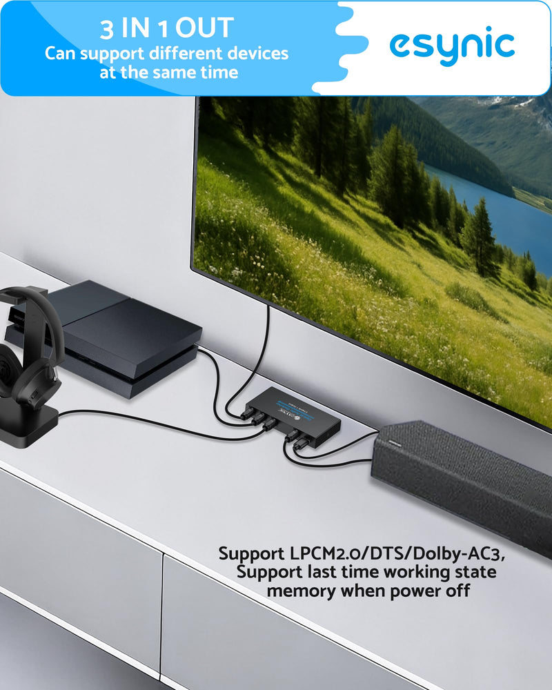 eSynic Portable Digital Optical Audio Switcher 3 In1 Out SPDIF Switcher Aluminum Alloy TOSLINK Audio Switch with 3.28ft Optical Cable Support IR Remote Control from PS4 Blue-Ray DVD HDTV to Soundbar