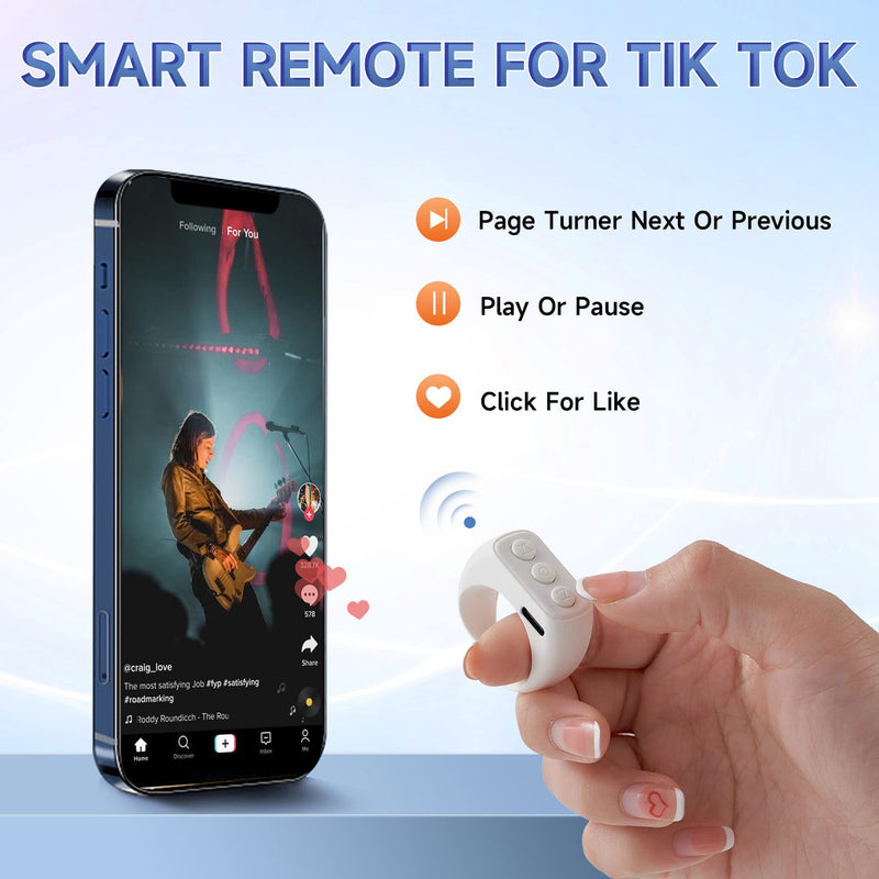 Tiktok Scrolling Ring, Kindle APP Page Turner Remote, Bluetooth Remote Clicker Control for iPhone and Android, Minimalist Style and Smart Make Life Easier - Snow White