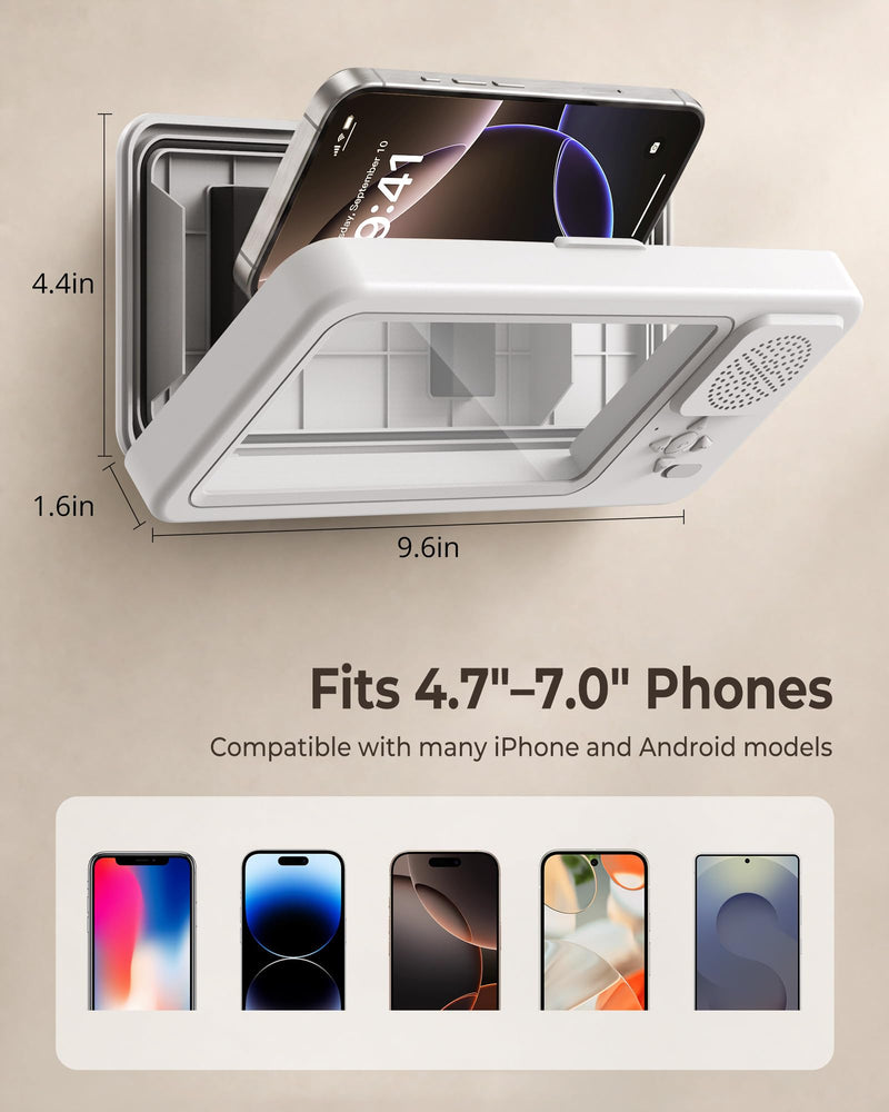 Shower Phone Holder Waterproof with Wireless Bluetooth Speaker | IP67, Anti-Fog HD Touch Screen, Bathroom Wall Mount Phone Case, 360° Rotating, Hands-Free Calls, Fits 4.7-7" Phones White