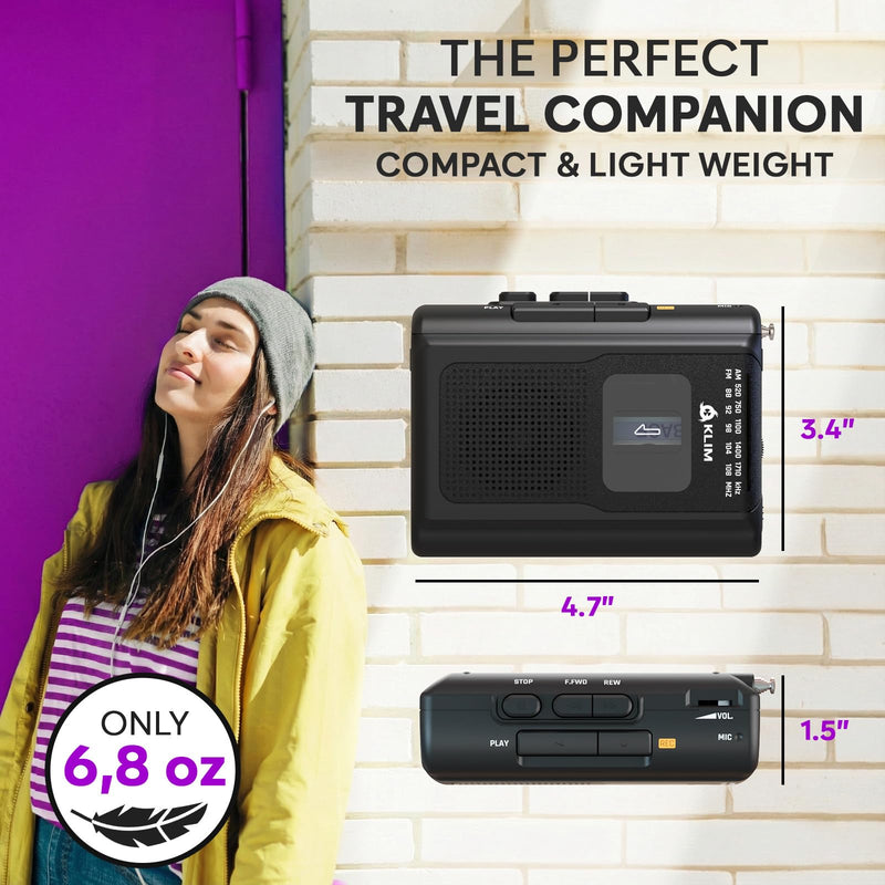 [AUSTRALIA] - KLIM K8 Cassette Tape Player Portable with Fusion Headphones - Cassette Recorder - NEW Version - AM/FM - Built-in Microphone & Speaker - Headphone Jack & Earphones - Black 