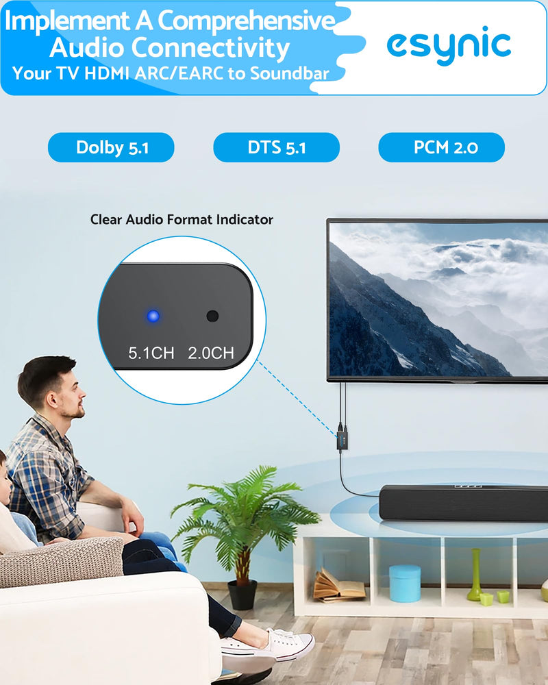 [AUSTRALIA] - eSynic Professional eARC Audio Extractor-Only Work for HDTV ARC/eARC Ports-192KHZ ARC to Optical Audio Adapter-Easy to Setup-7ft Long-Dolby5.1 & DTS 5.1 Formats-from HDTV to Optical Soundbar-No CEC 