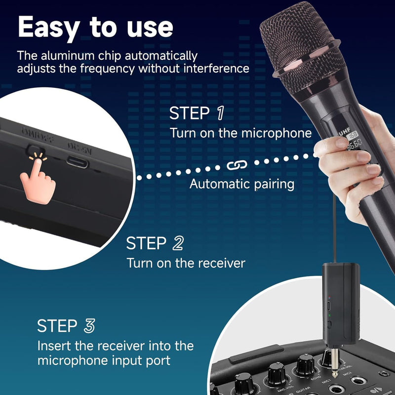 UHF Wireless Karaoke Microphone, Handheld Mics System,200 Feet | UHF stable signal, 2 rechargeable mics, plug & play receiver, 1/4" & 3.5mm output, for karaoke singing speech wedding party