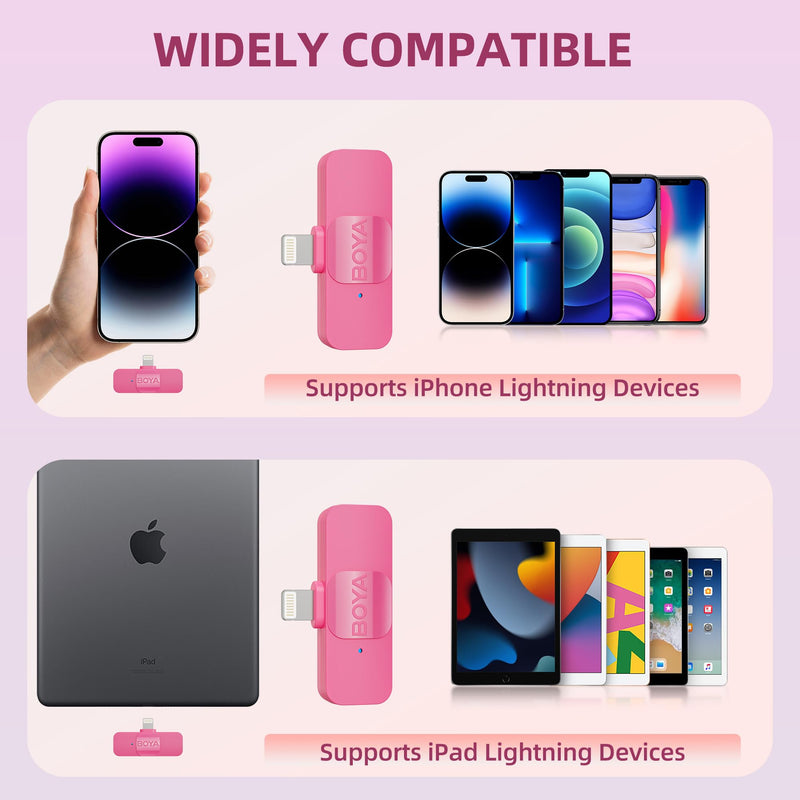 BOYA Wireless Lavalier Microphone for iPhone iPad Phone Omnidirectional External Mini Lapel Lightning Microphone for iPhone Clip-On Mic for Video Recording Podcast YouTube Live Streaming (Pink) Pink