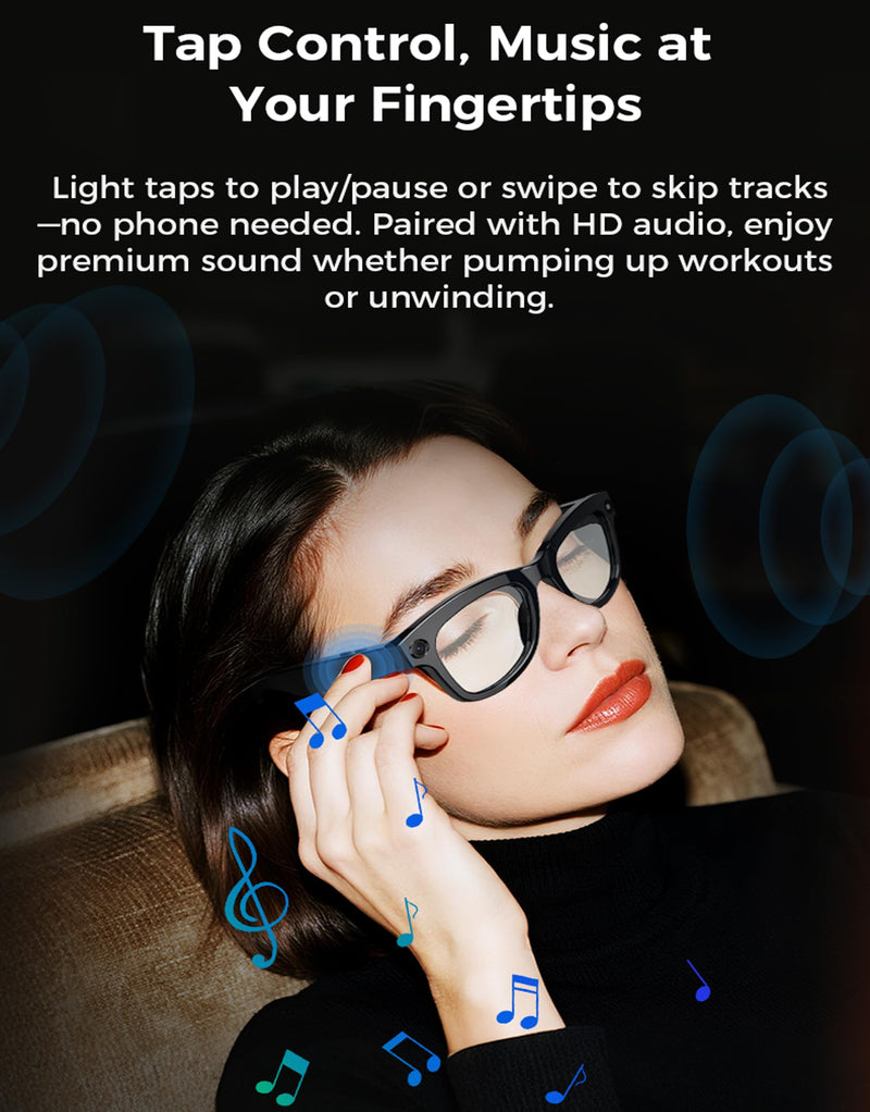 Smart Camera Glasses with Real-Time AI Language Translation, UV400 Sunglasses with Video Recording Camera, Men Women Translator Bluetooth Eyewear with Open-Ear Audio for Outdoor Travel Driving Vlog Black
