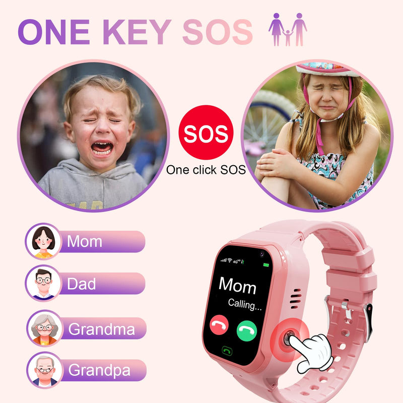 4G Kids Smart Watch GPS Tracker, Boys Girls Kids Smartwatches Phone Watch Video Call SOS Emergency Alarm Voice Chat Game and Touch Screen Tracking Smartwatch for Age 4-12 (Pink) Pink