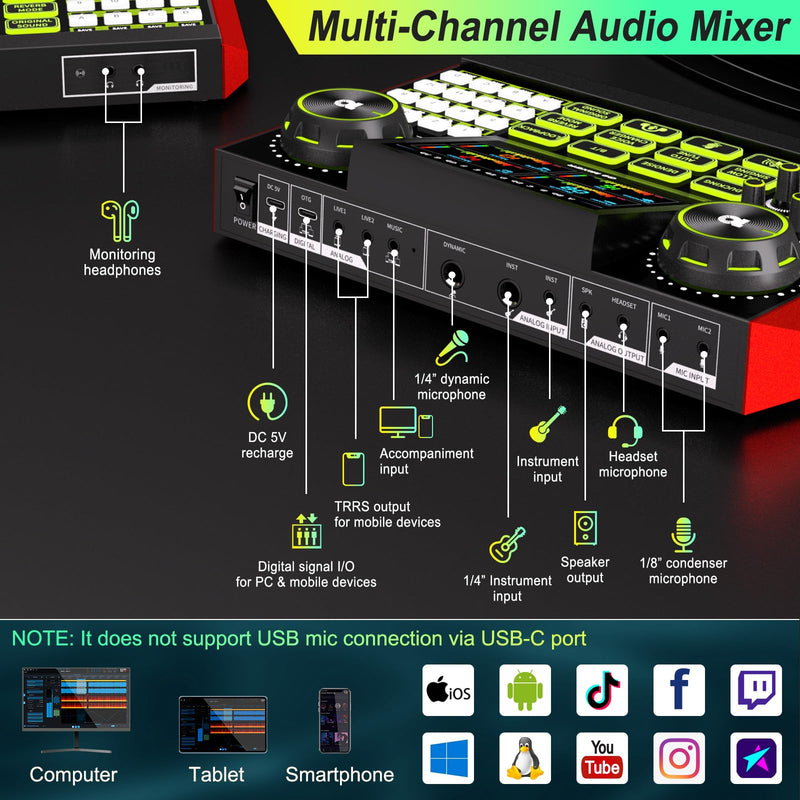 [AUSTRALIA] - Podcast Equipment Bundle Audio Mixer, Sound Board for Pc/Phone Live Streaming Singing Gaming, Podcast Mixer for 3.5/6.35mm Dynamic Microphone, Voice Changer, Denoise, One Click Mute 