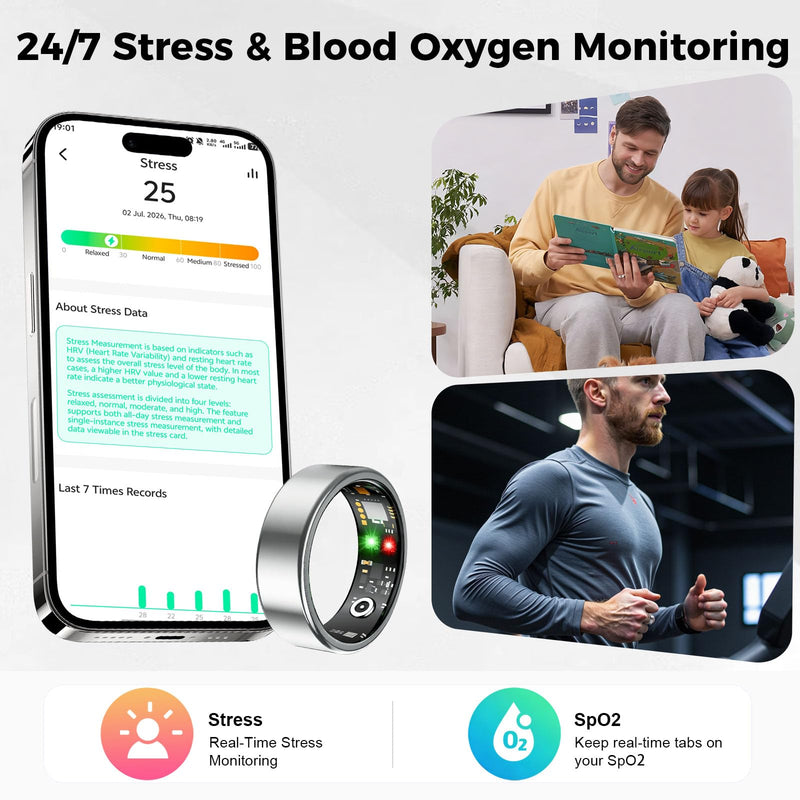 Smart Ring for Women Men, Health Tracking Ring No APP Fee (Gold,8) | 24/7 Fitness Tracker Heart Rate/SpO2/Stress/Sleep Monitor, IP68 Waterproof, Long Battery Fast Charge, iOS/Android Compatible Gold 8