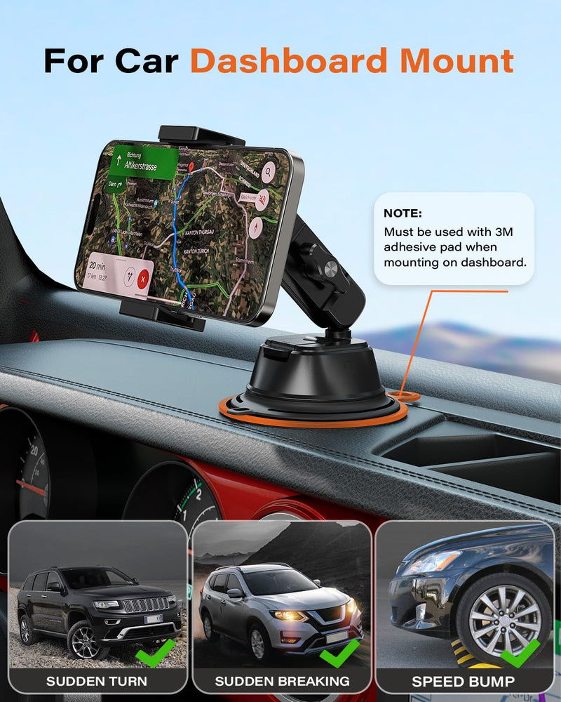 A2C Heavy Duty Suction Cup Phone Mount with Aluminum Alloy Arm & Clamp, 66LBS Vacuum Suction Phone Mount for Windshield Dashboard, Universal Car Phone Holder for All Phones Fit Jeep Wrangler, F150