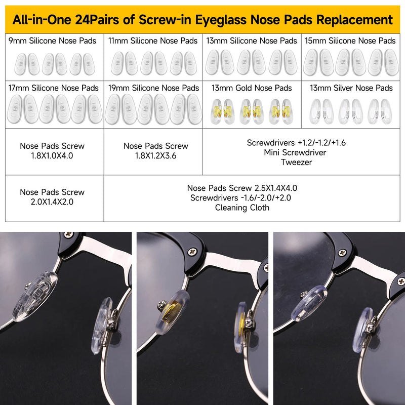Eyeglass Nose Pads, 24 Pairs of Screw-in Glasses Nose Pads, Upgraded Magnetic Eyeglass Repair Kit with Precision Precision Screwdriver Set, Screws, Tweezer for Travel, Birthday Gift, Christmas Upgrade