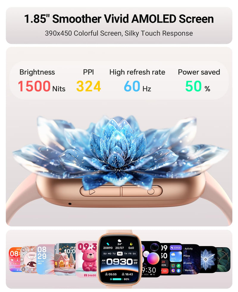 Gydom Smart Watch for Men/Women, 1.85" AMOLED Screen Fitness Tracker | for iPhone/Android/Samsung, Answer/Make Call, Heart Rate/Sleep/SpO2, 3ATM Waterproof, 120+ Sport Modes, AI Voice, Pink