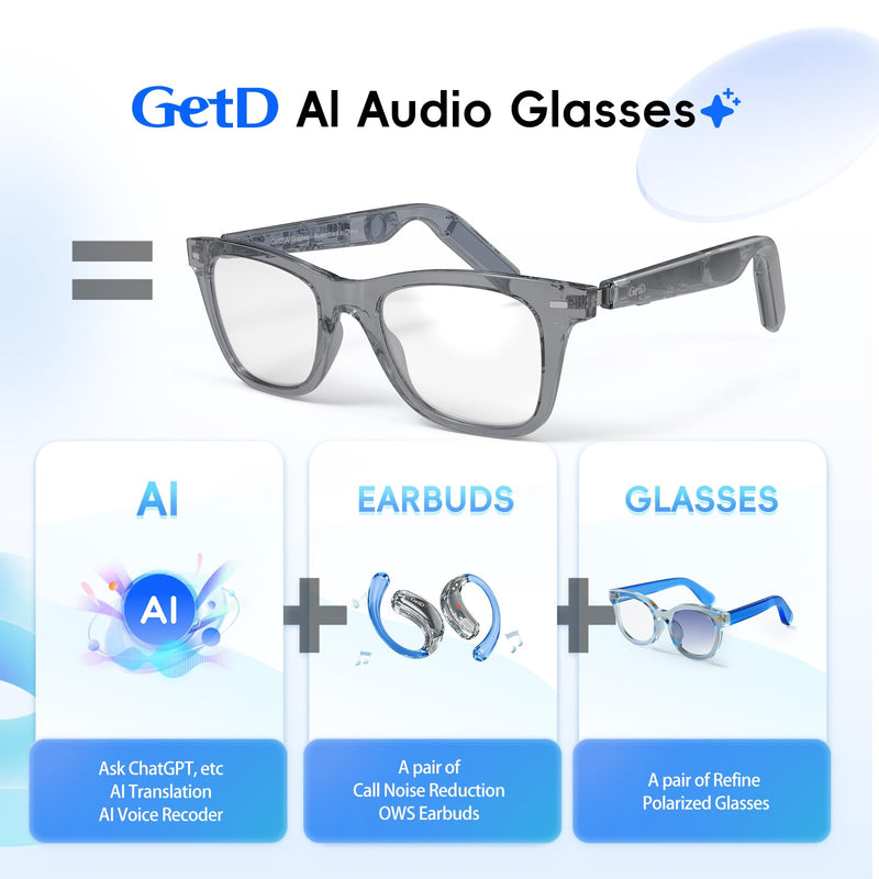 GetD AI Glasses, Smart Glasses Powered by ChatGPT, Real-Time AI Translation | Anti-blue light lens, AI translation in 145 languages, Hands‑free calls, Immersive audio, Holds AI conversations