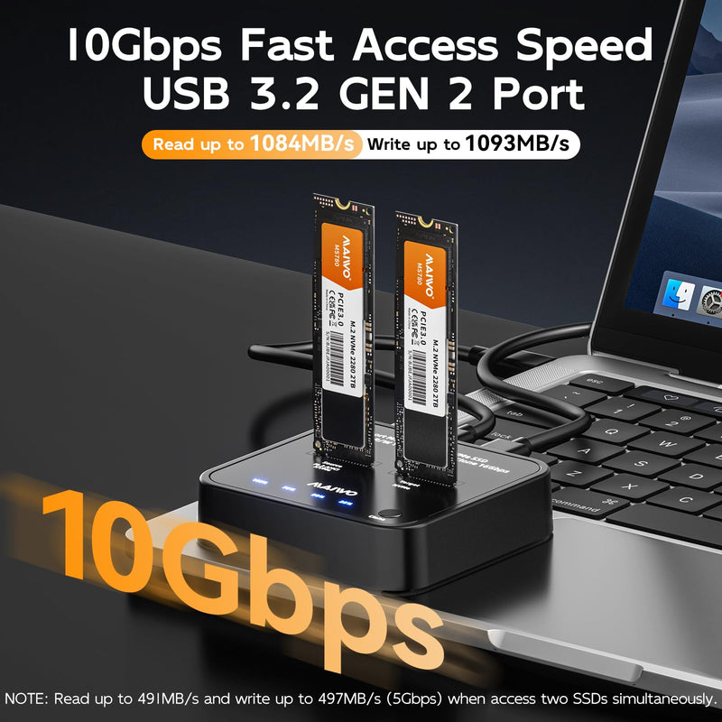 MAIWO M.2 NVMe SSD Cloner Duplicator, USB3.2 Gen2 16Gbps Clone Speed, Dual Bay Hard Drive Docking Station Reader Copier for PCIe NVMe M-Key SSD with UASP, 5V 3A Power, Access Two SSDs Simultaneously