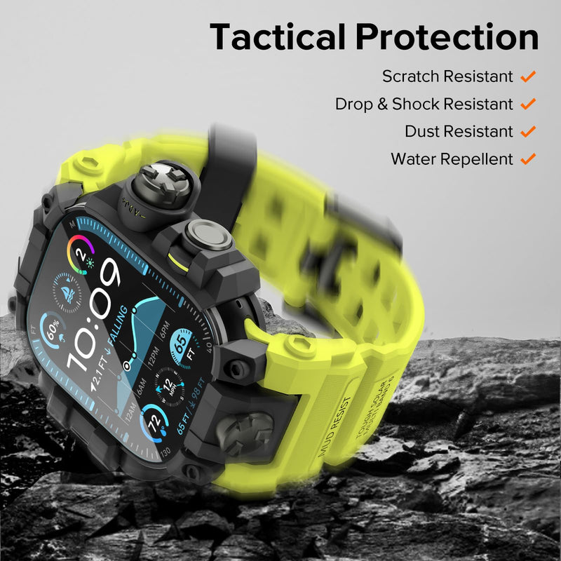 KADES 2-in-1 Removable Rugged Case with Band for Apple Watch Ultra 49mm | Military Grade Shockproof Full Cover & Built-in Tempered Glass Screen Protector for Men Sports Hiking Workout Yellow Green 49mm (with Tempered Glass)