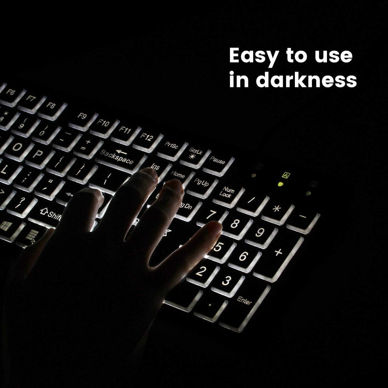 Perixx PERIBOARD-317 Wired Backlit USB Keyboard, Big Print Letter with White Illuminated LED, US English Layout Black