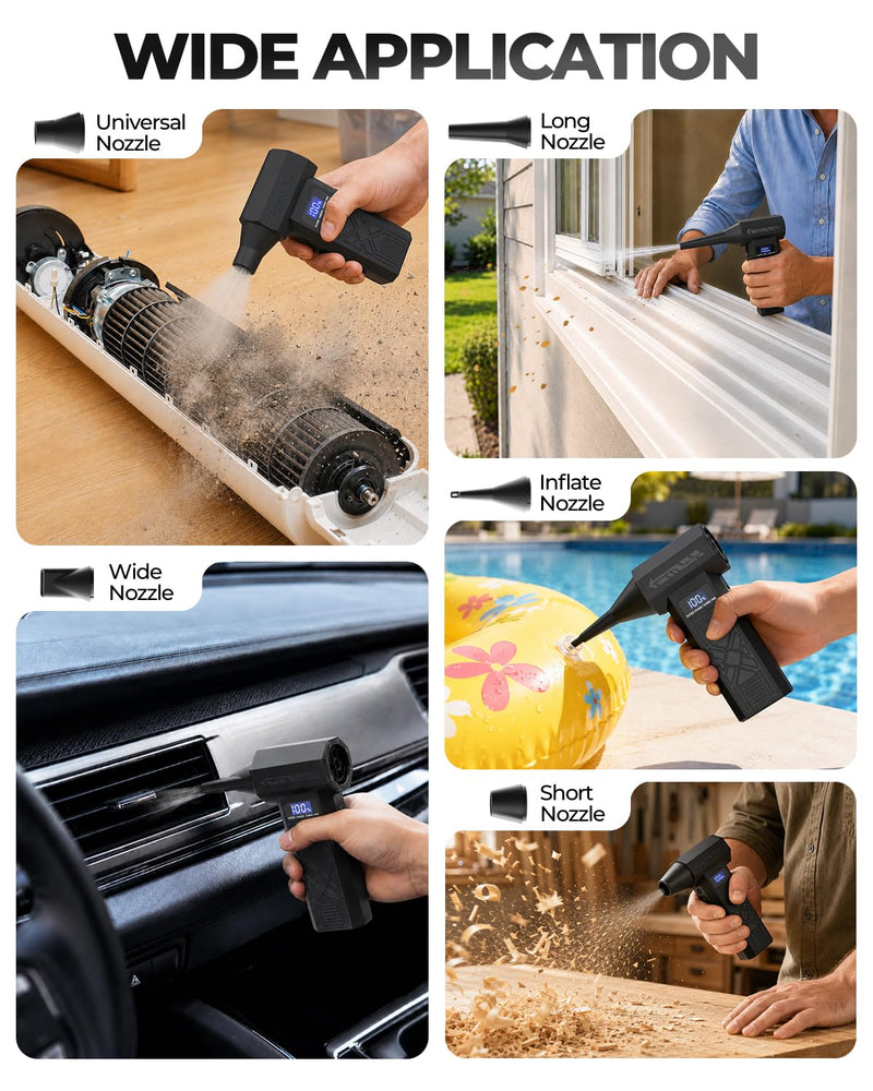 Electric Compressed Air Duster Rechargeable Air Blower for PC & Electronics | 2 in 1 duster and vacuum, 150000 RPM, 4 speeds, 6000mAh, LED display, built-in light, 6 nozzles, for Computer, Keyboard, Car