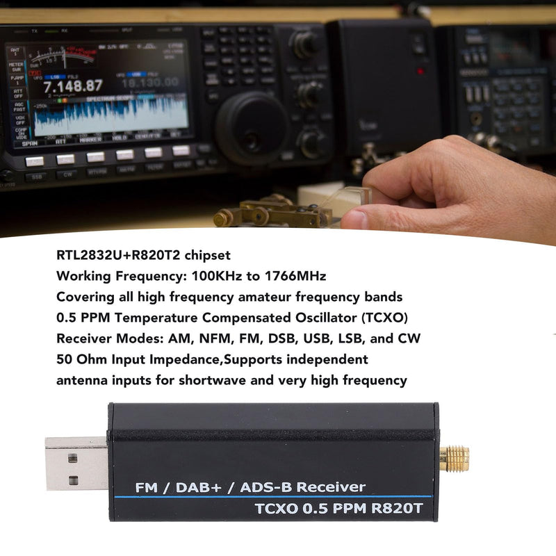 RTL SDR Receiver, 100KHz to 1766MHz RTL2832U R820T2 0.5PPM TCXO Software Defined Radio Receiver with AM, NFM, FM, DSB, USB, LSB, CW Modes, 8-Bit ADC, 50DB Dynamic Range