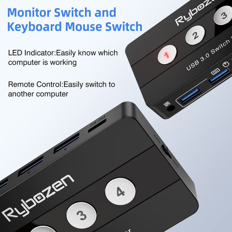 Jancane USB 3.0 Switch Selector, 4 Port KVM Switch USB Peripheral Switcher Box, 4 Computers Sharing 4 USB Devices, Button Switch & Remote Control